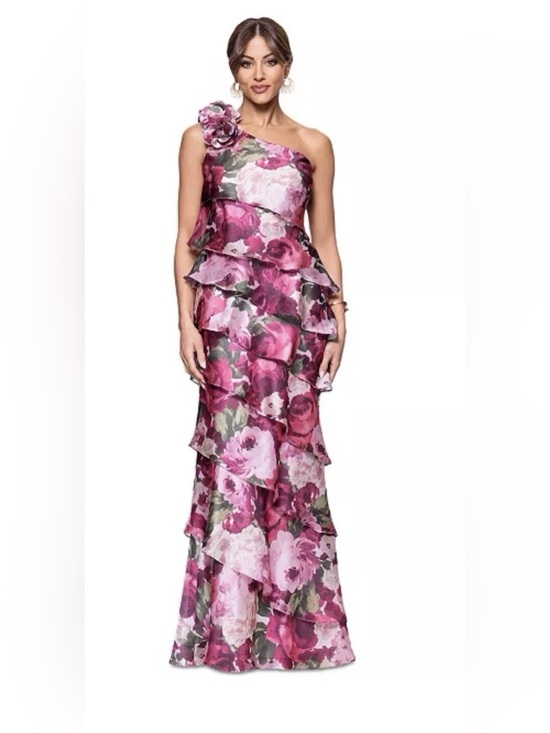 Xscape Dresses & Skirts - Xscape One-Shoulder Tiered Floral Evening Gown in Pink and Green size 10